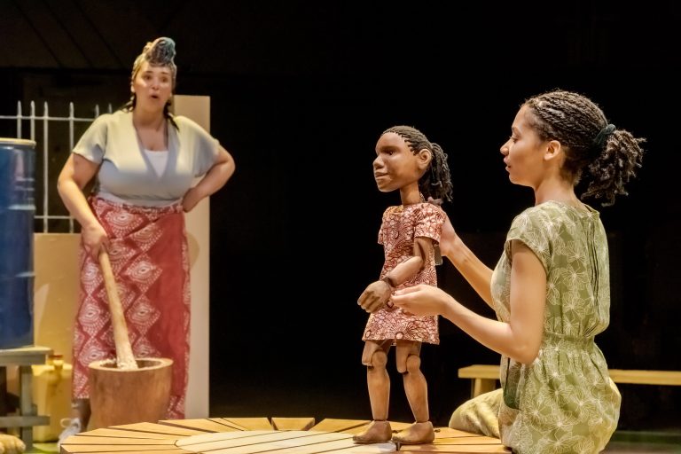 Maya Thompson (Auntie Jolie, Narrator) and Saskia Rose (Anna Hibiscus) in Anna Hibiscus’ Song. Photo by Chris Saunders.