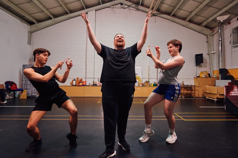 Jake Poolman, Scott Riney and Adam Craig in rehearsals for Dick Whittington at Corn Exchange Newbury (Credit Richard Lakos)