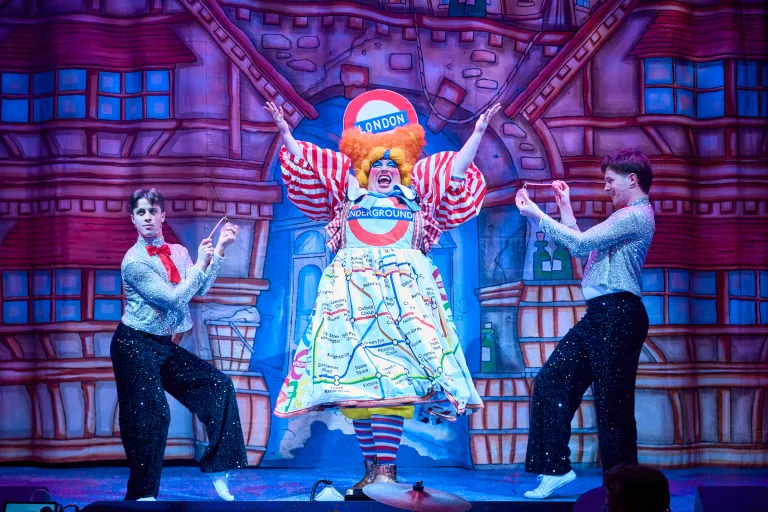 Scott Riney, Jake Poolman and Adam Craig in Dick Whittington at Corn Exchange Newbury. (Image Credit Richard Lak