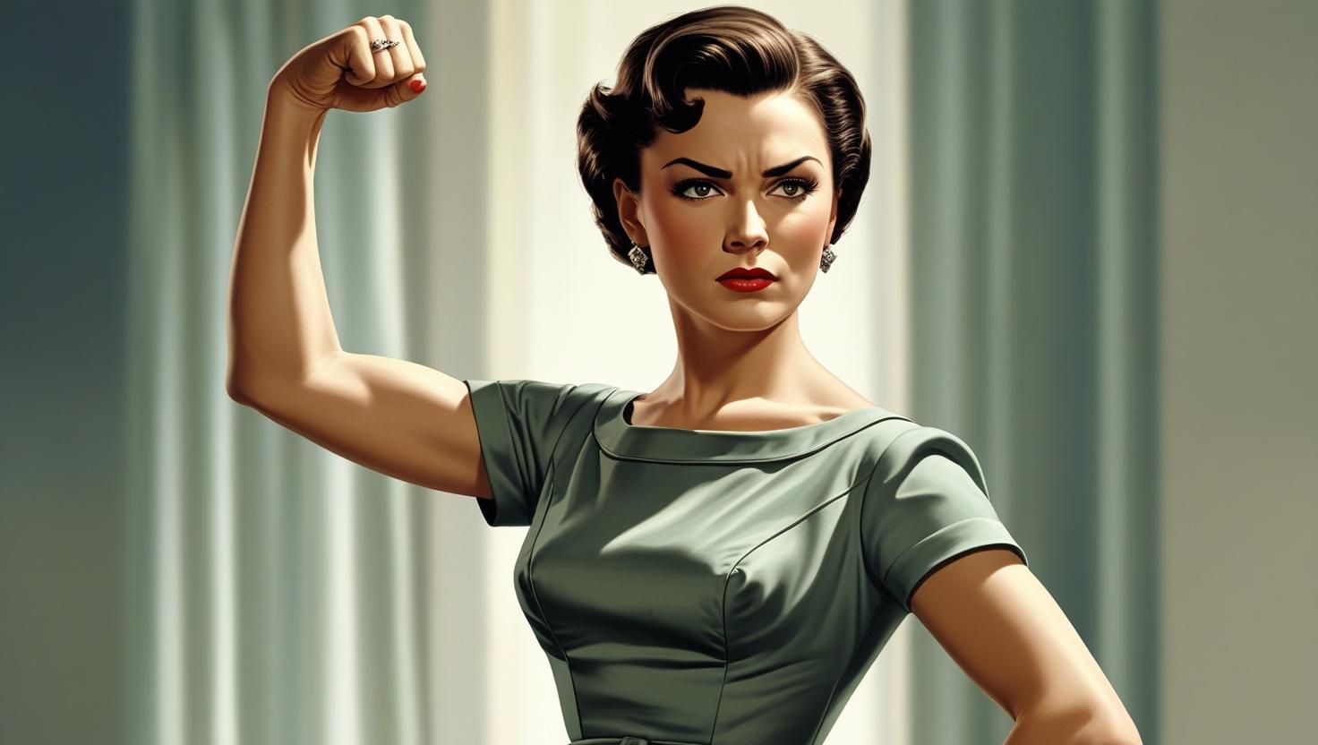1950's woman showing her arm in a strong female pose