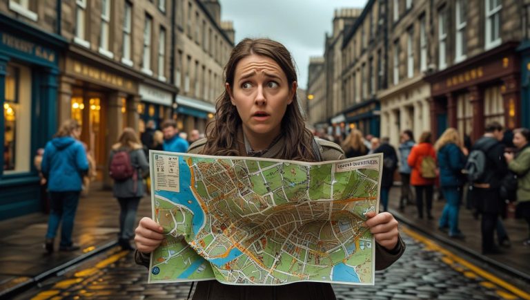 A person with a map walking through a street in Edinburgh during fringe festival looking confused