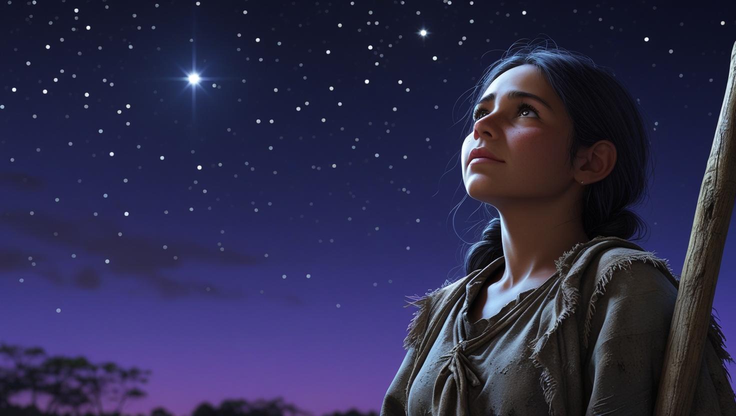 A young woman in ragged clothes is looking at the night sky in hope, she has a mop to her side.