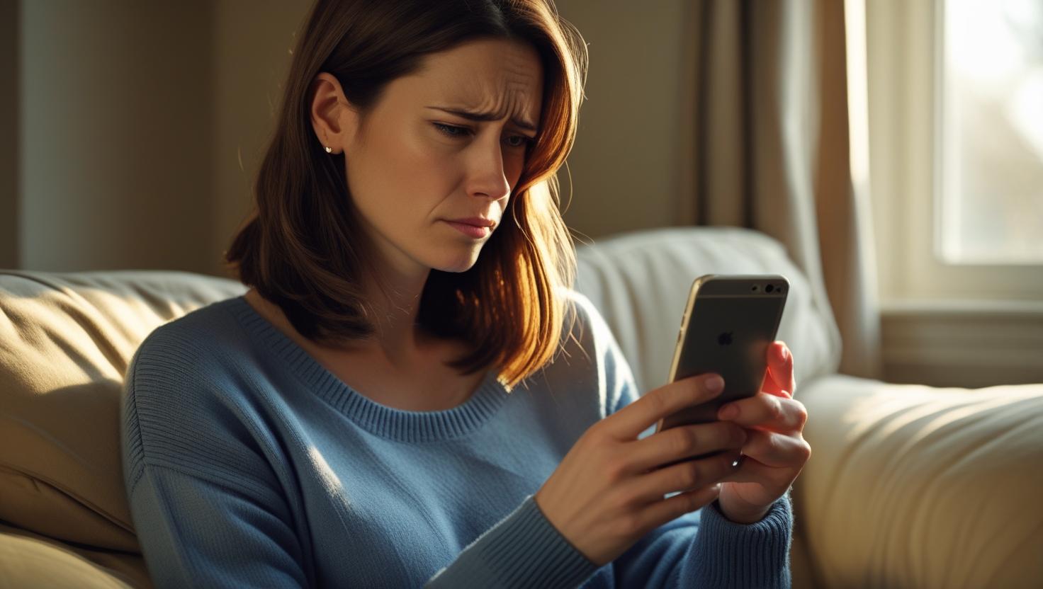 a person looking through social media profiles on their phone and looking disappointed