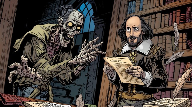 A comic illustration of a zombie trying to eat shakespeare who has a script