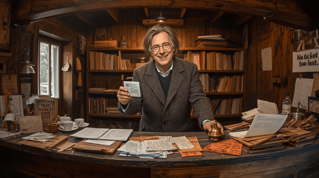 Inside the lost ticket office a man stands with lots of missing tickets
