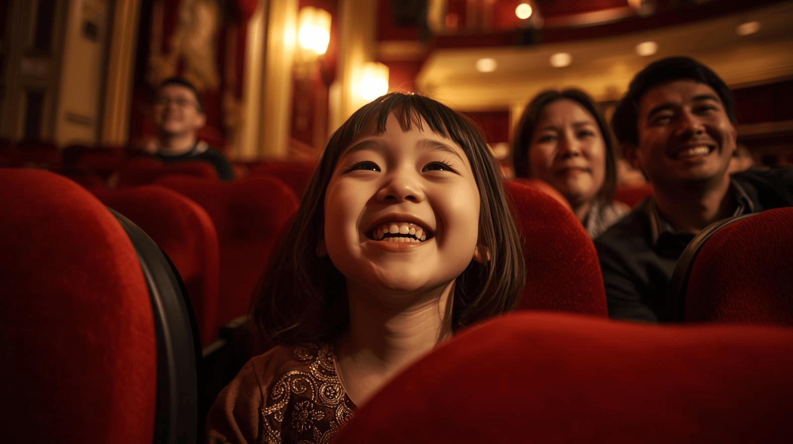 a photo of a chinese child laughing at a theatre production