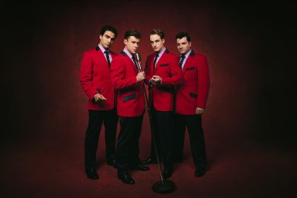 LtoR Carlo Boumouglbay as Tommy DeVito, Luke Baker as Frankie Valli, Toby Miles as Bob Guadio & Lewis Kennedy as Nick Massi, credit Matt Crockett