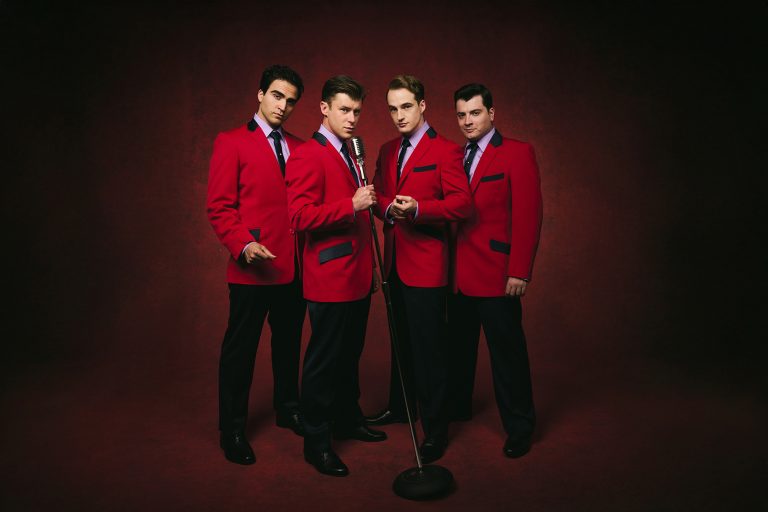 LtoR Carlo Boumouglbay as Tommy DeVito, Luke Baker as Frankie Valli, Toby Miles as Bob Guadio & Lewis Kennedy as Nick Massi, credit Matt Crockett